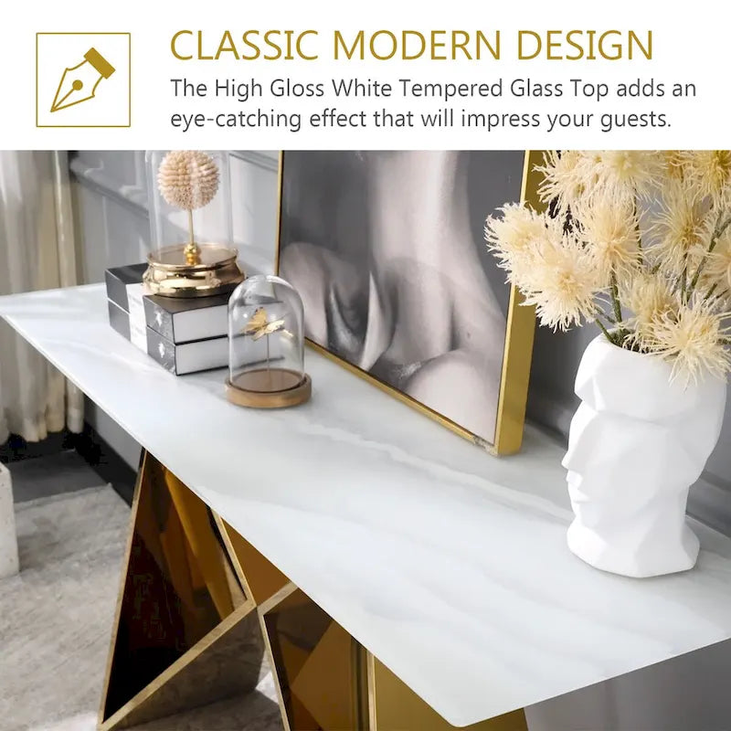 Console en verre blanc rectangulaire avec piètement en miroir en forme de M