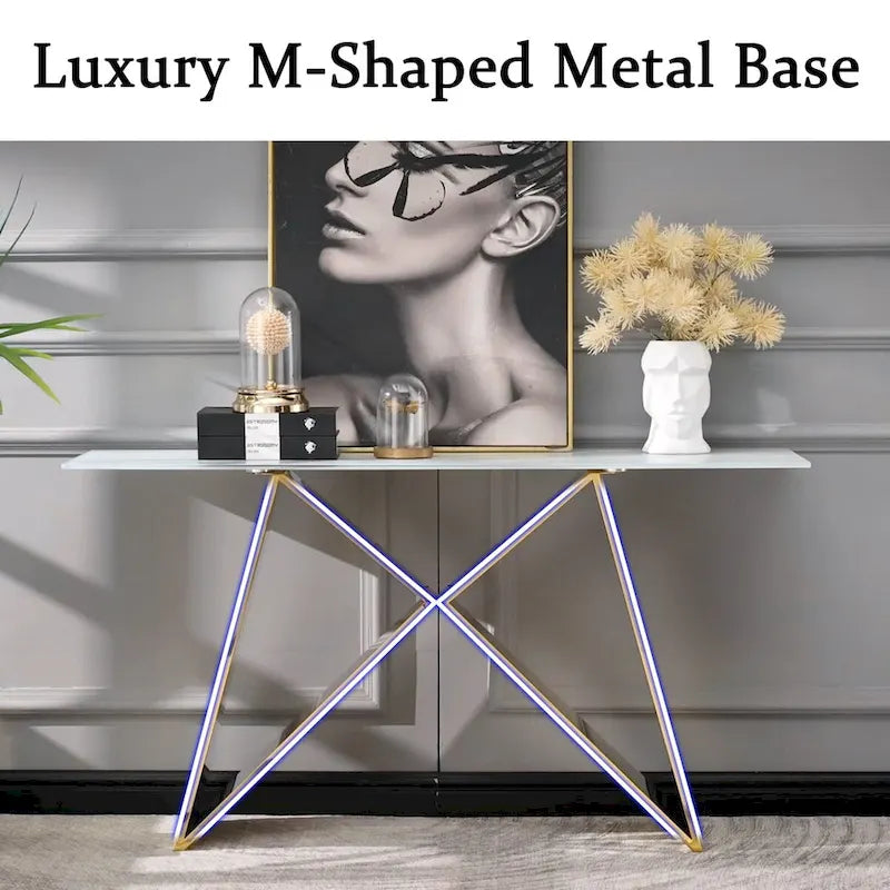 Console en verre blanc rectangulaire avec piètement en miroir en forme de M
