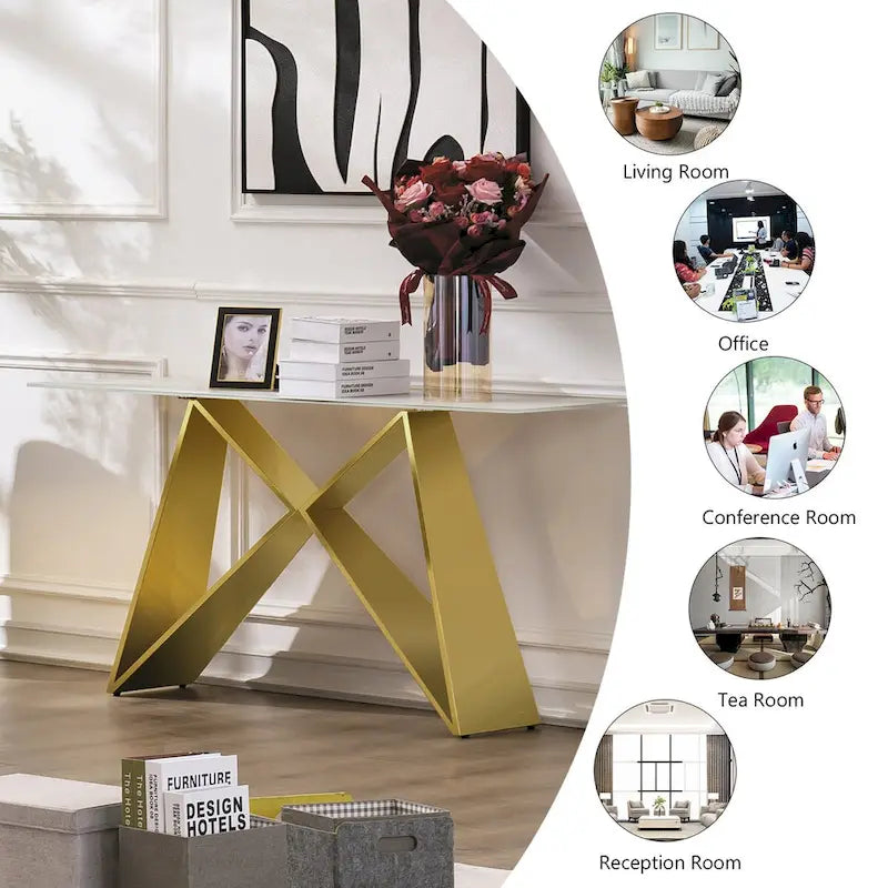 Console en verre blanc rectangulaire avec piètement en miroir en forme de M