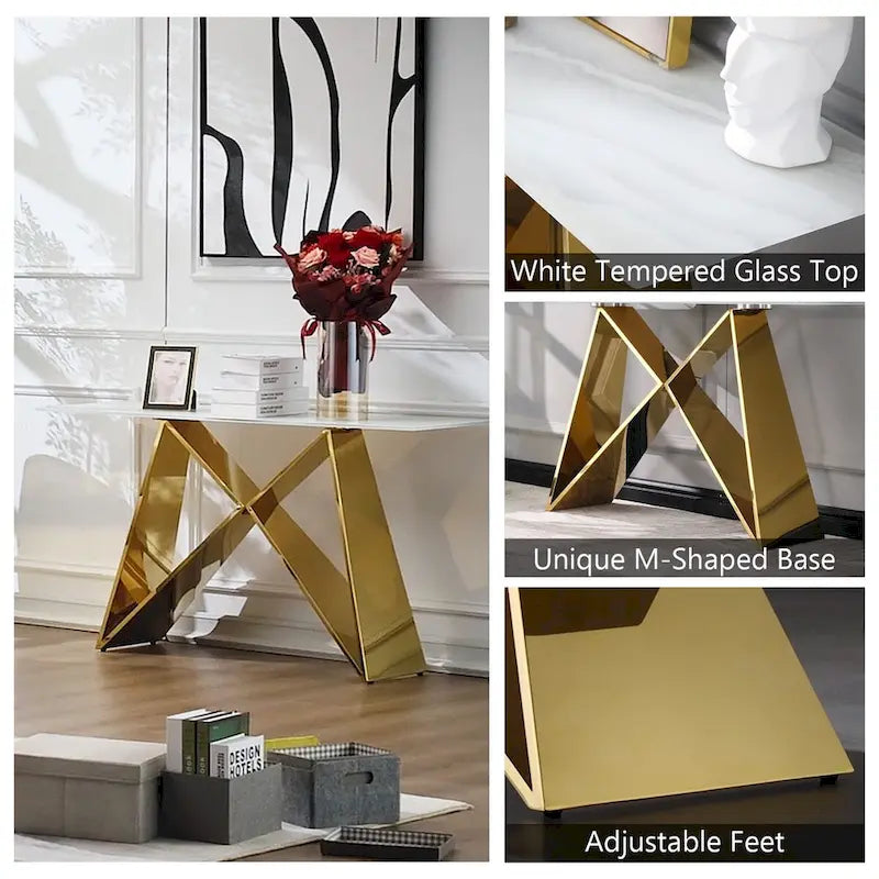 Console en verre blanc rectangulaire avec piètement en miroir en forme de M