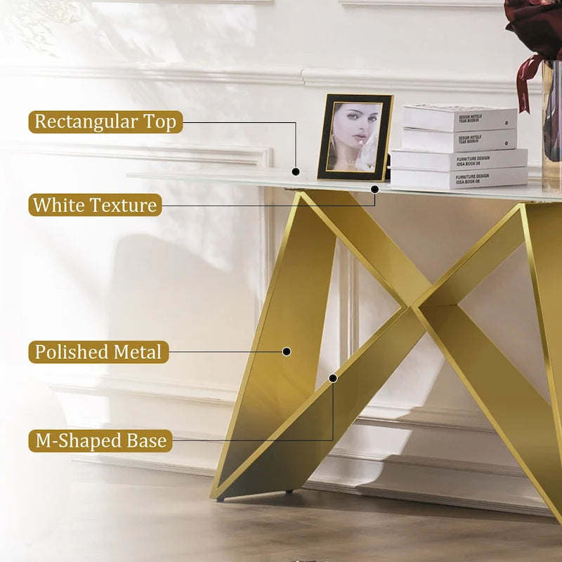 Console en verre blanc rectangulaire avec piètement en miroir en forme de M