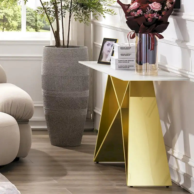 Console en verre blanc rectangulaire avec piètement en miroir en forme de M