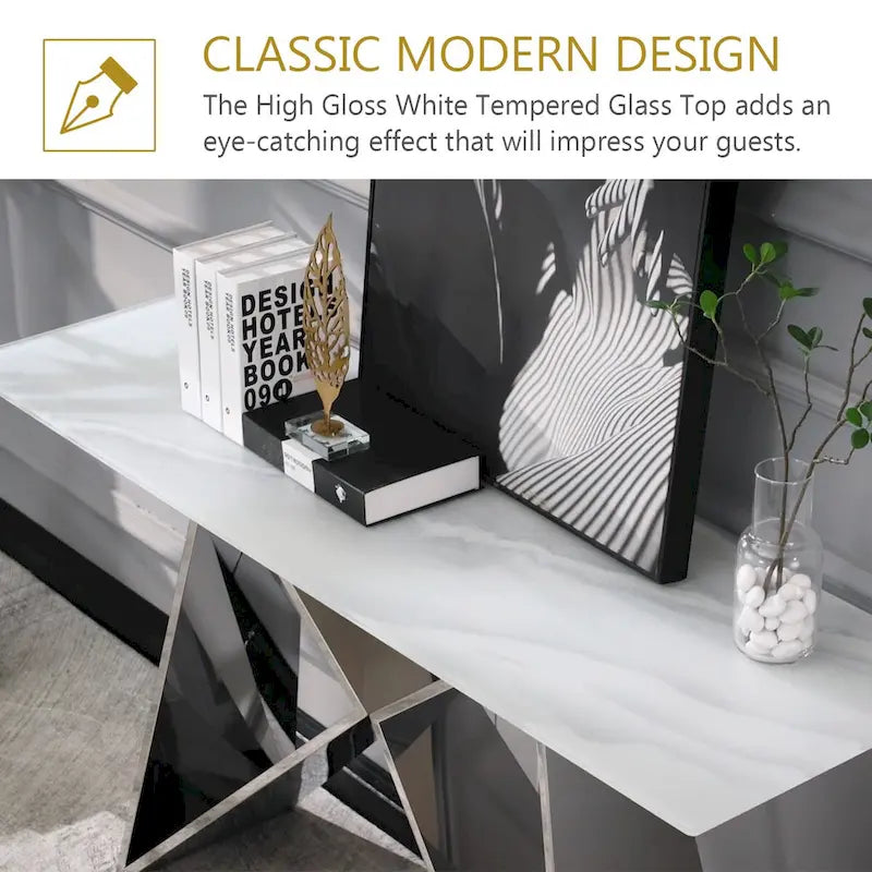 Console en verre blanc rectangulaire avec piètement en miroir en forme de M