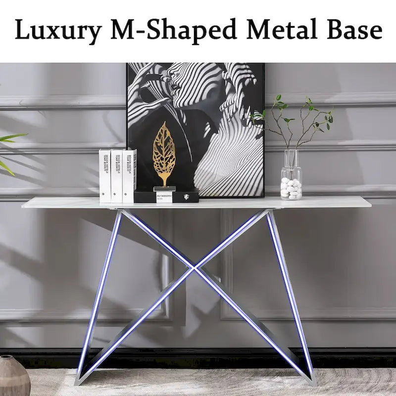 Console en verre blanc rectangulaire avec piètement en miroir en forme de M