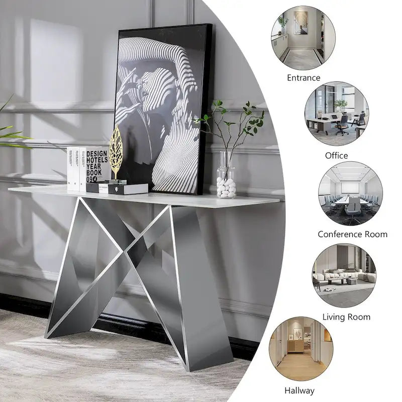 Console en verre blanc rectangulaire avec piètement en miroir en forme de M