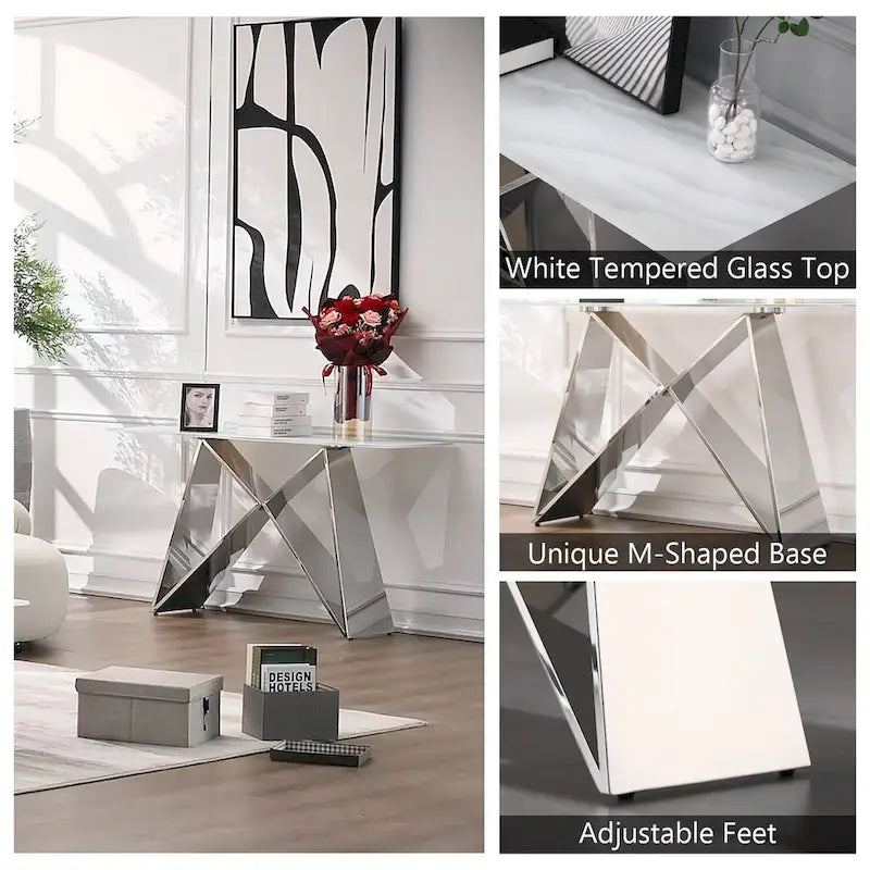 Console en verre blanc rectangulaire avec piètement en miroir en forme de M