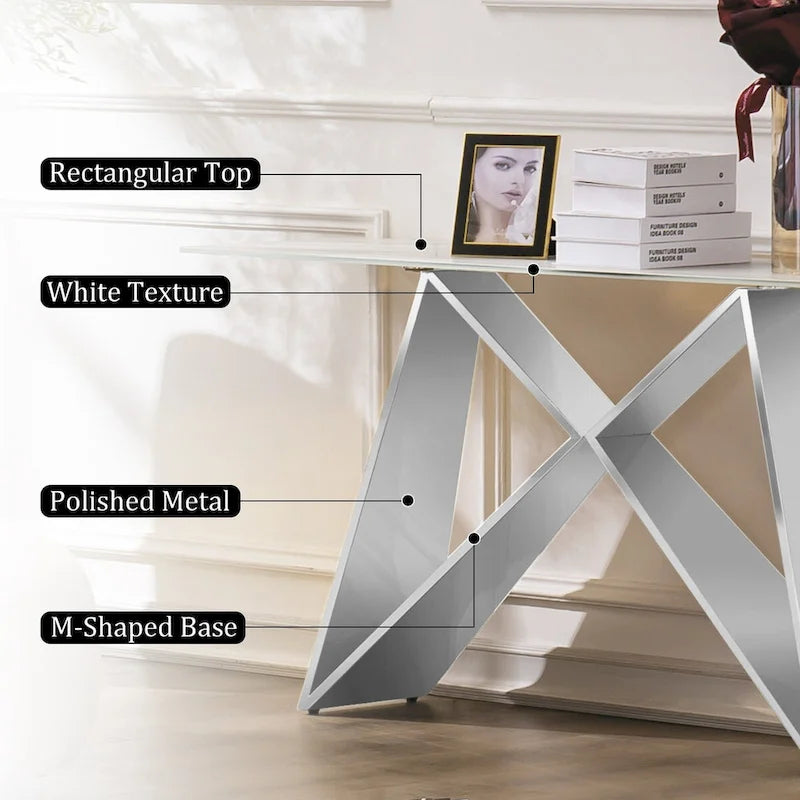 Console en verre blanc rectangulaire avec piètement en miroir en forme de M
