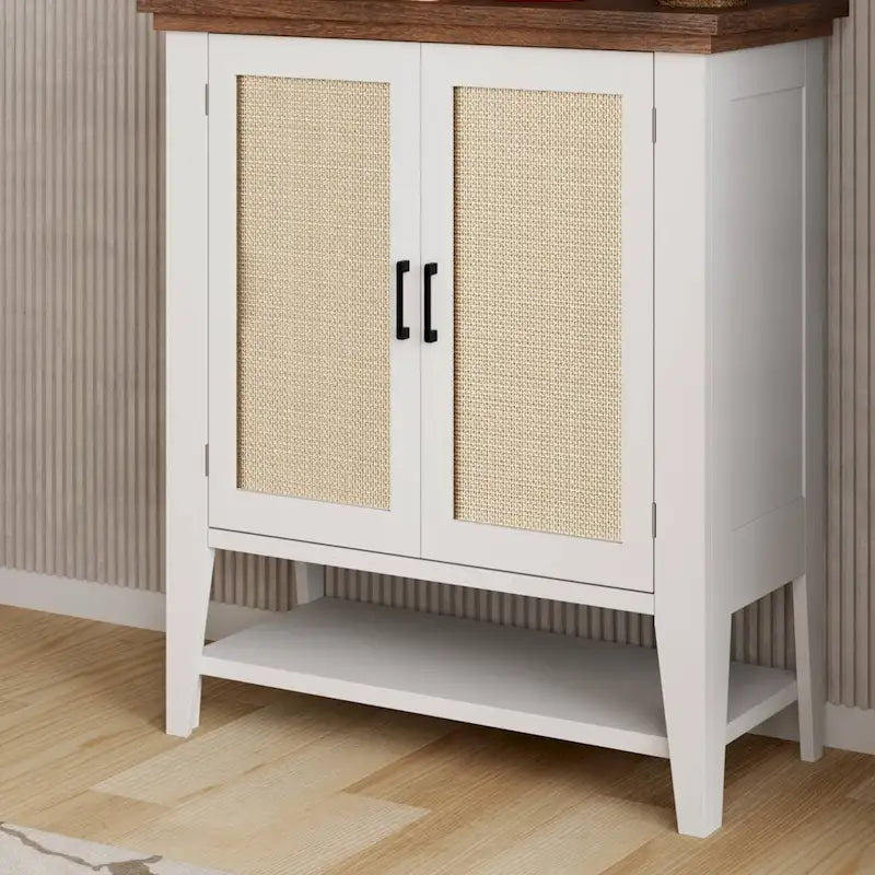 Rattan Storage Cabinet with Shelves and Doors - N/A