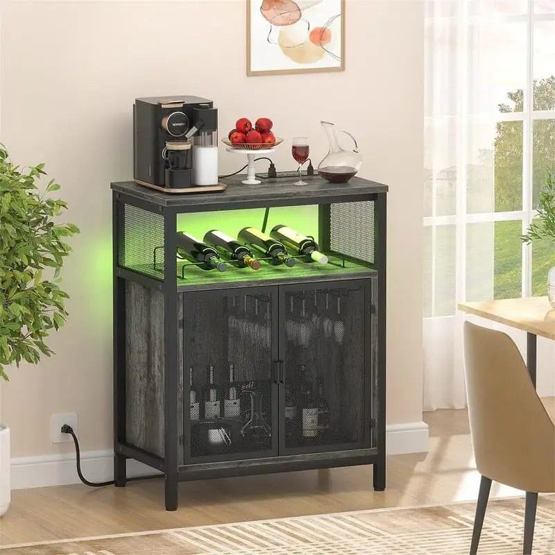Wine Bar Cabinet with RGB Light and Outlet - 23.6D x 13.6W x 31H