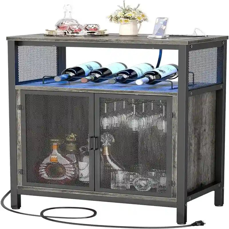 Wine Bar Cabinet with RGB Light and Outlet - 23.6D x 13.6W x 31H
