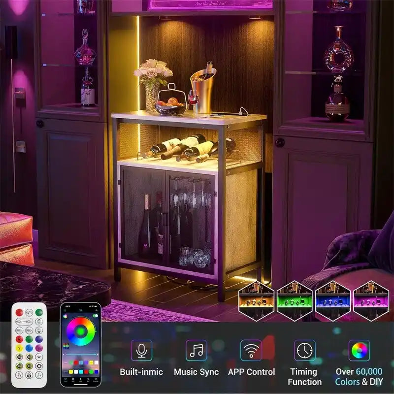 Wine Bar Cabinet with RGB Light and Outlet - 23.6D x 13.6W x 31H