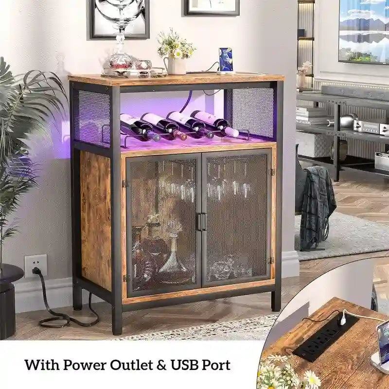 Wine Bar Cabinet with RGB Light and Outlet - 23.6D x 13.6W x 31H