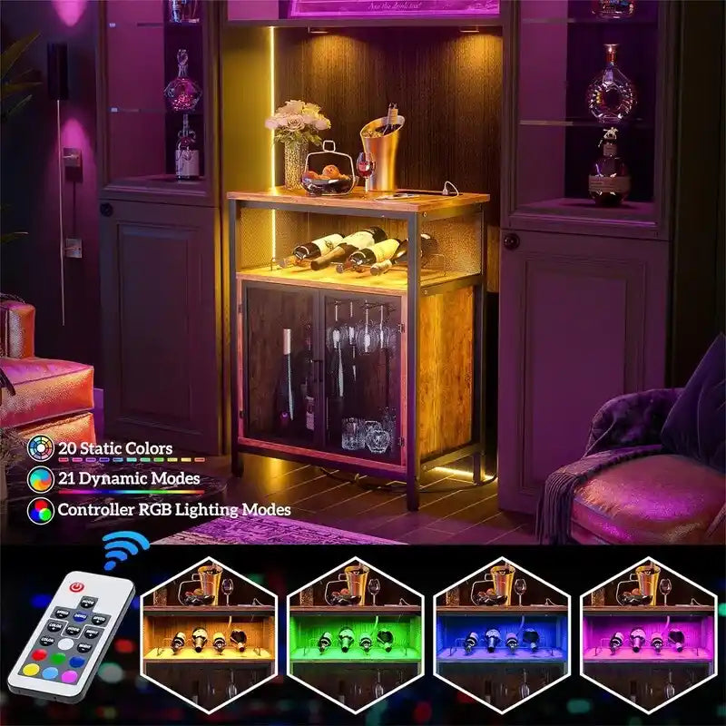 Wine Bar Cabinet with RGB Light and Outlet - 23.6D x 13.6W x 31H