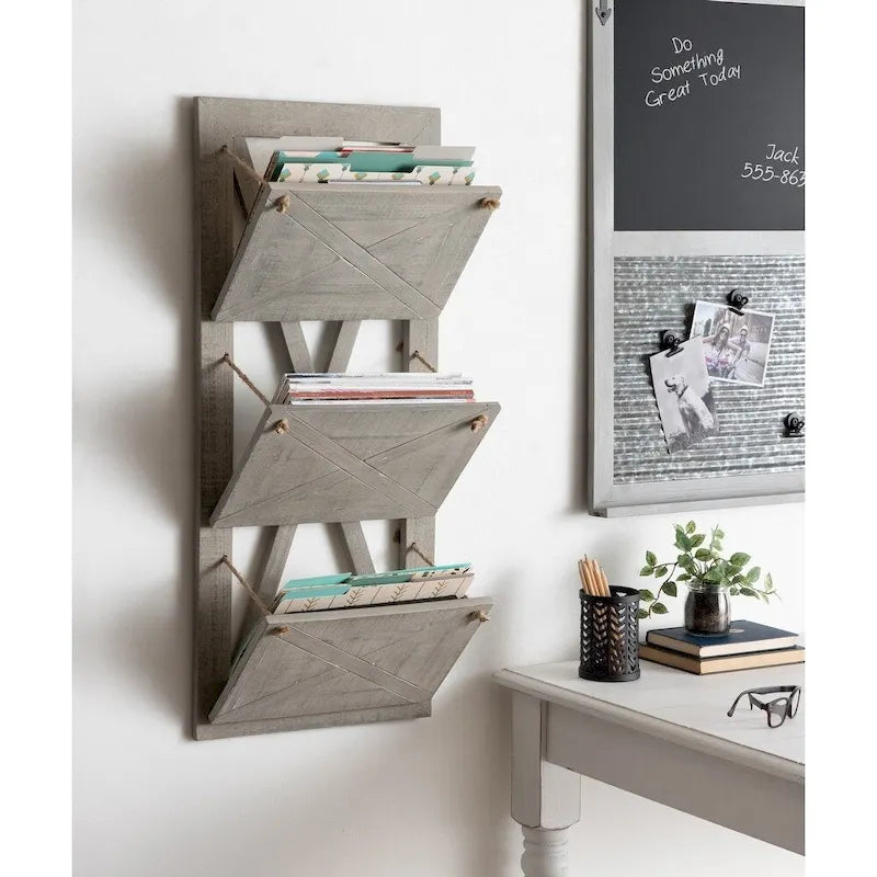 Kate and Laurel Hardeman 3 Pocket Farmhouse Wood Hanging Wall File Holder