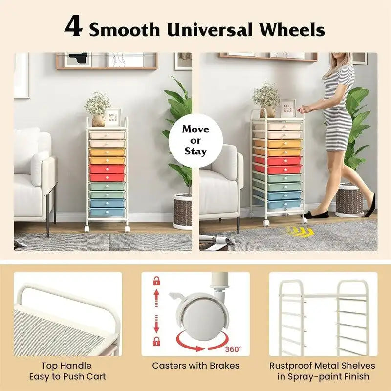 10 Drawer Rolling Storage Cart - 15D x 13W x 34H