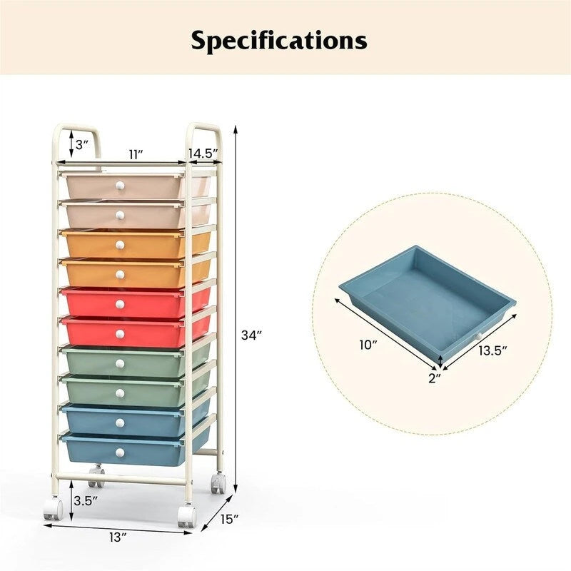 10 Drawer Rolling Storage Cart - 15D x 13W x 34H