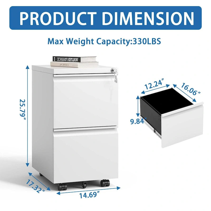 2 Drawer Metal Mobile File Cabinet with Lock for Hanging Legal/Letter/A4 Size