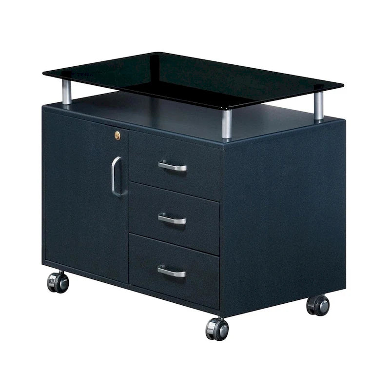 Porch & Den Montgomery Extra Wide Glass Top Rolling Cabinet