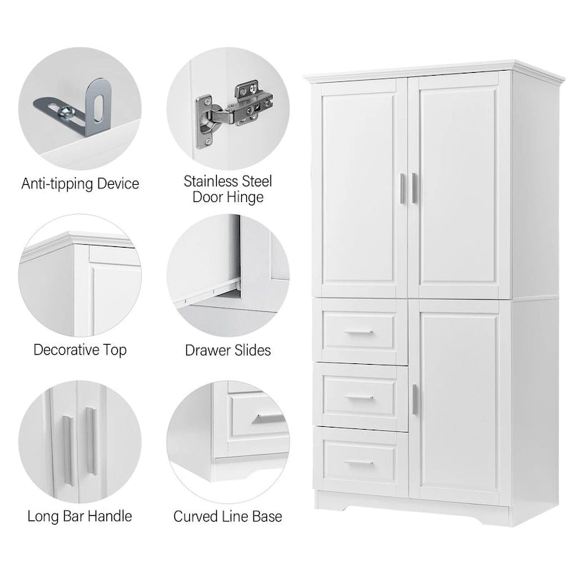Tall and Wide Storage Cabinet with Doors for Bathroom/Office, Three Drawers
