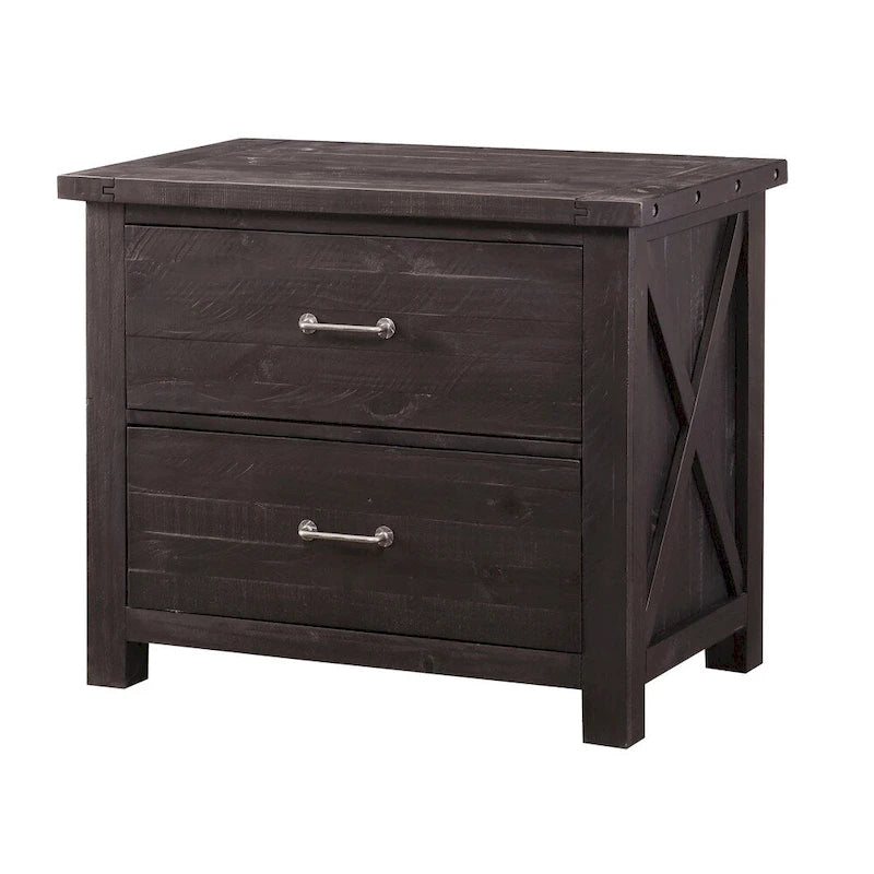 Two Drawer Wooden File Cabinet with Metal Handle Pull and Crossed Side Plank