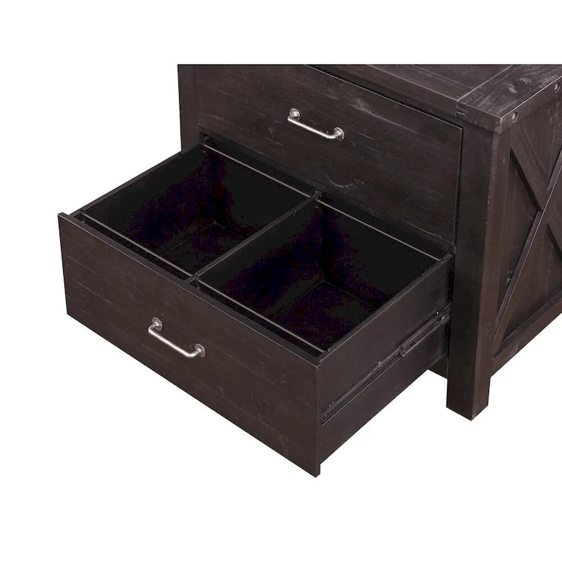 Two Drawer Wooden File Cabinet with Metal Handle Pull and Crossed Side Plank