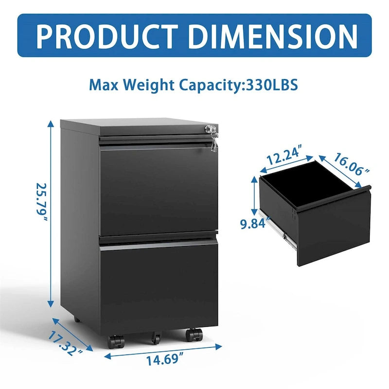 2 Drawer Metal Mobile File Cabinet,Rolling File Cabinet with Lock
