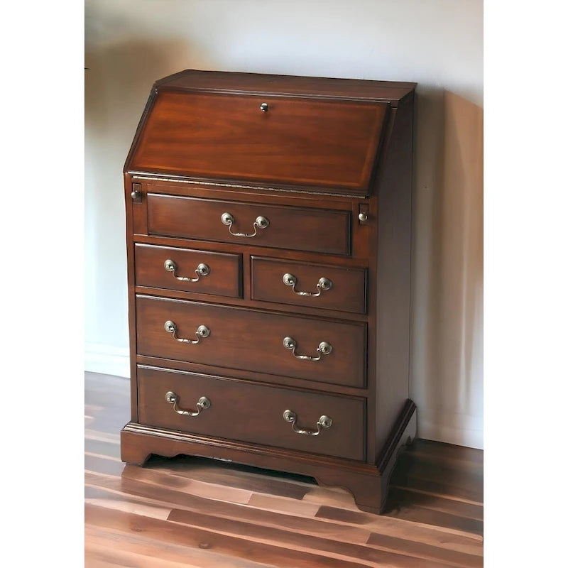 26 Brown Rubberwood Wood Secretary Desk With Five Drawers