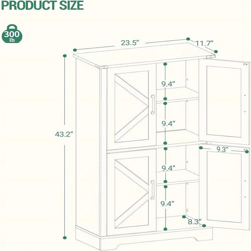 Freestanding Cabinet with 4 Door, 2 Adjustable Shelves - 11.8D x 23.6W x 43.3H