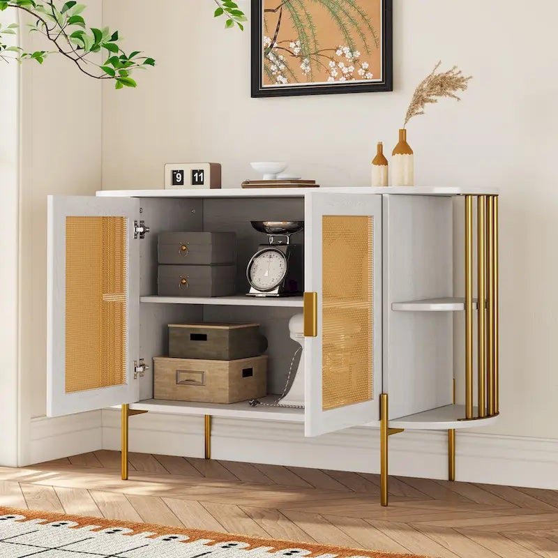 2-Door Elegant Curved Dining Cabinet with Gold Trim and Woven Rattan Doors for Dining Room