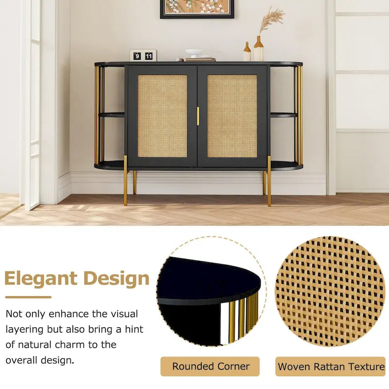 2-Door Elegant Curved Dining Cabinet with Gold Trim and Woven Rattan Doors for Dining Room