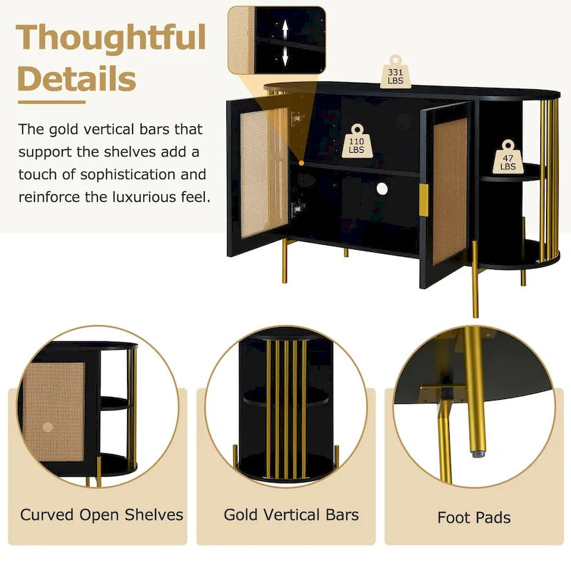 2-Door Elegant Curved Dining Cabinet with Gold Trim and Woven Rattan Doors for Dining Room