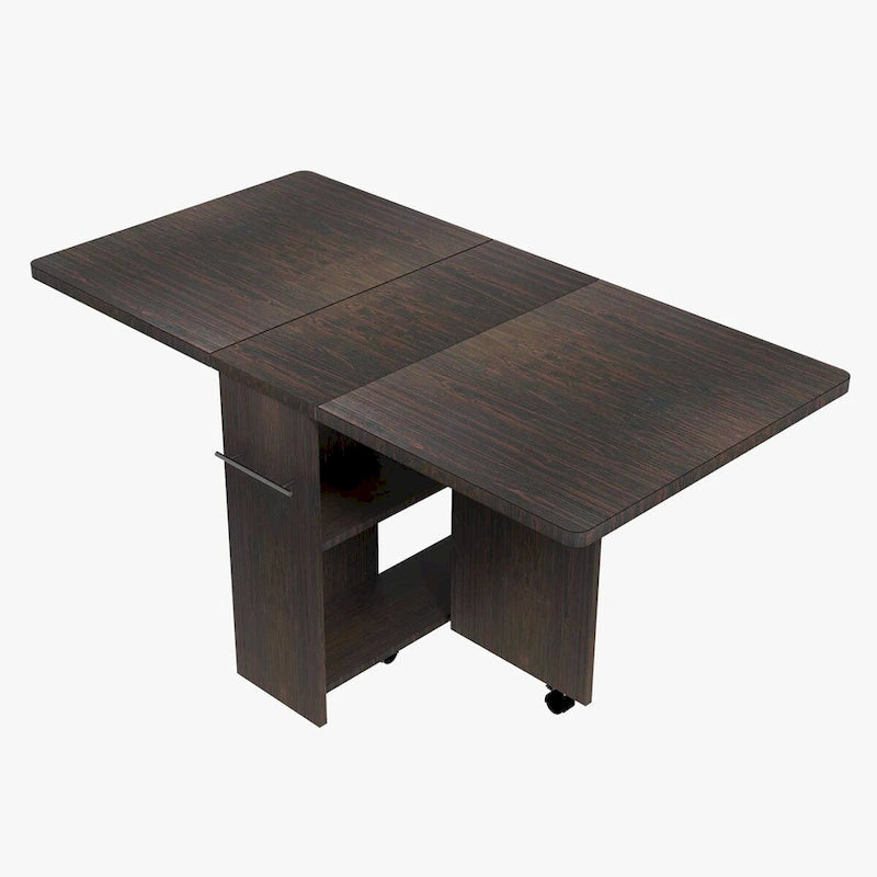Folding Dining Table with 2-Tier Storage Rack and Wheels - N/A