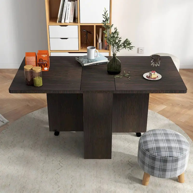 Folding Dining Table with 2-Tier Storage Rack and Wheels - N/A