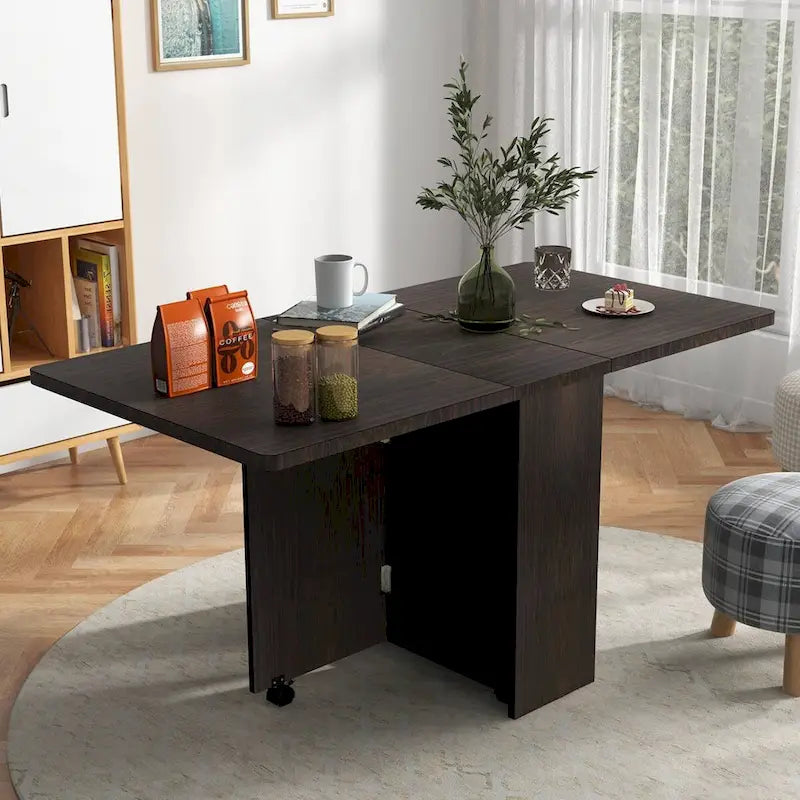 Folding Dining Table with 2-Tier Storage Rack and Wheels - N/A