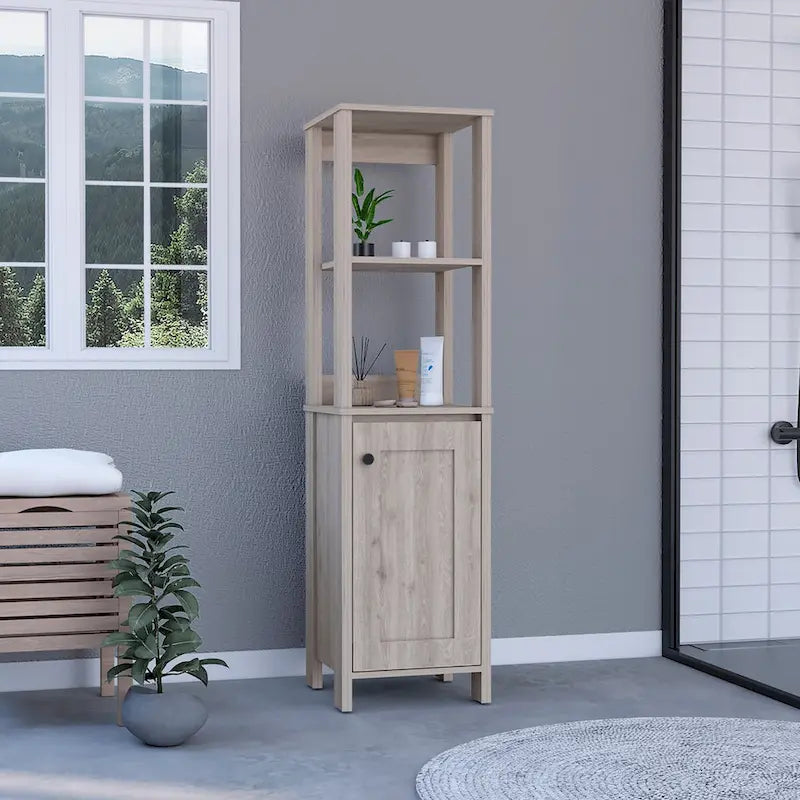 Linen Cabinet Jannes, Two Open Shelves, Single Door, Light Oak / White Finish
