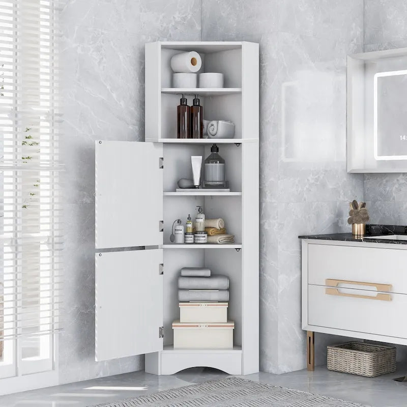 Tall Bathroom Corner Cabinet, Freestanding Storage Cabinet with Doors and Adjustable Shelves, MDF Board