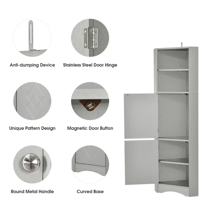 Tall Bathroom Corner Cabinet, Freestanding Storage Cabinet with Doors and Adjustable Shelves, MDF Board