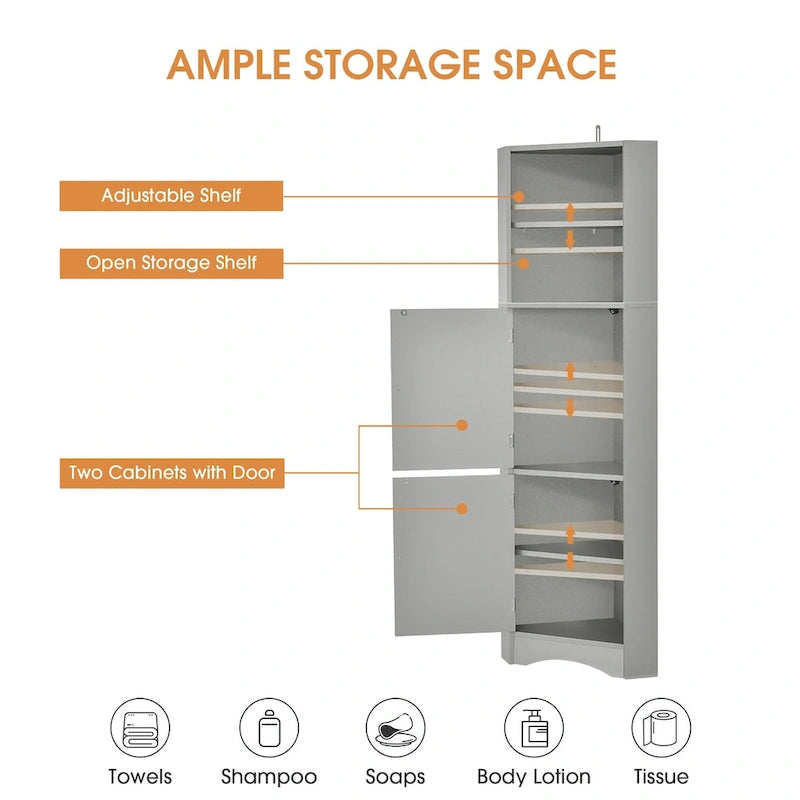 Tall Bathroom Corner Cabinet, Freestanding Storage Cabinet with Doors and Adjustable Shelves, MDF Board