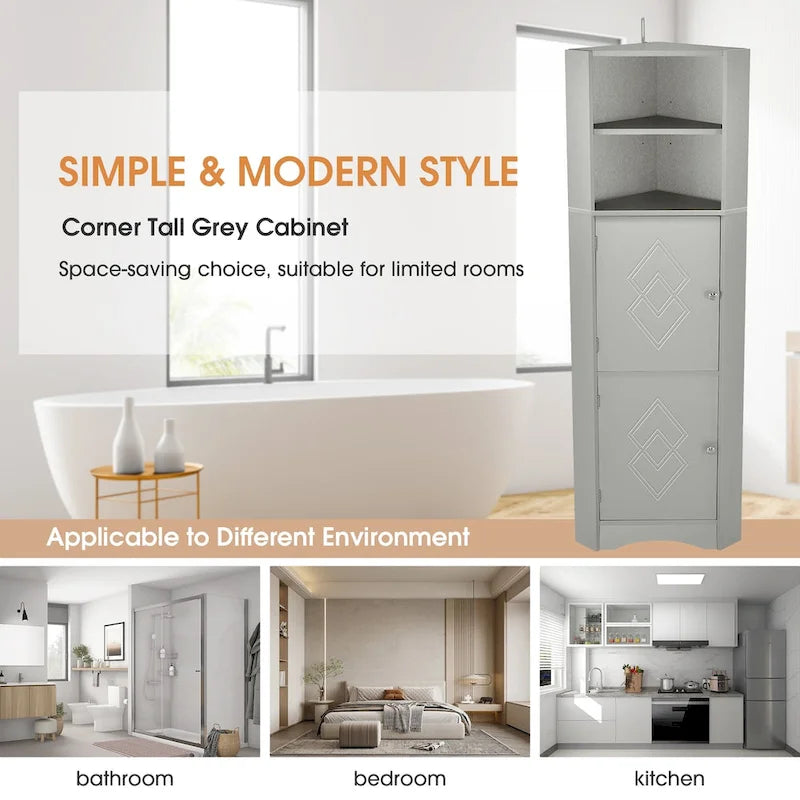Tall Bathroom Corner Cabinet, Freestanding Storage Cabinet with Doors and Adjustable Shelves, MDF Board