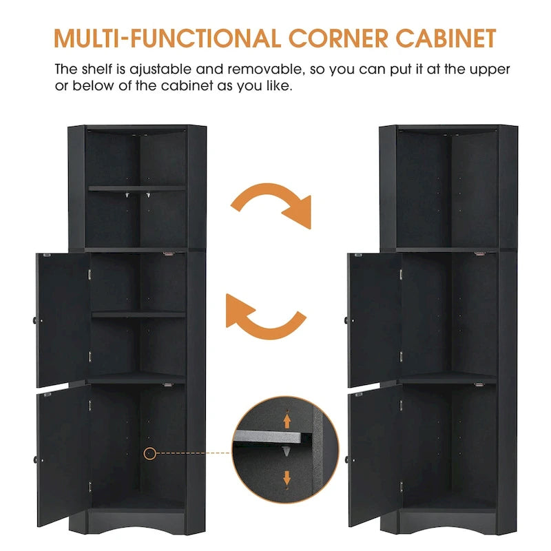 Tall Bathroom Corner Cabinet, Freestanding Storage Cabinet with Doors and Adjustable Shelves, MDF Board
