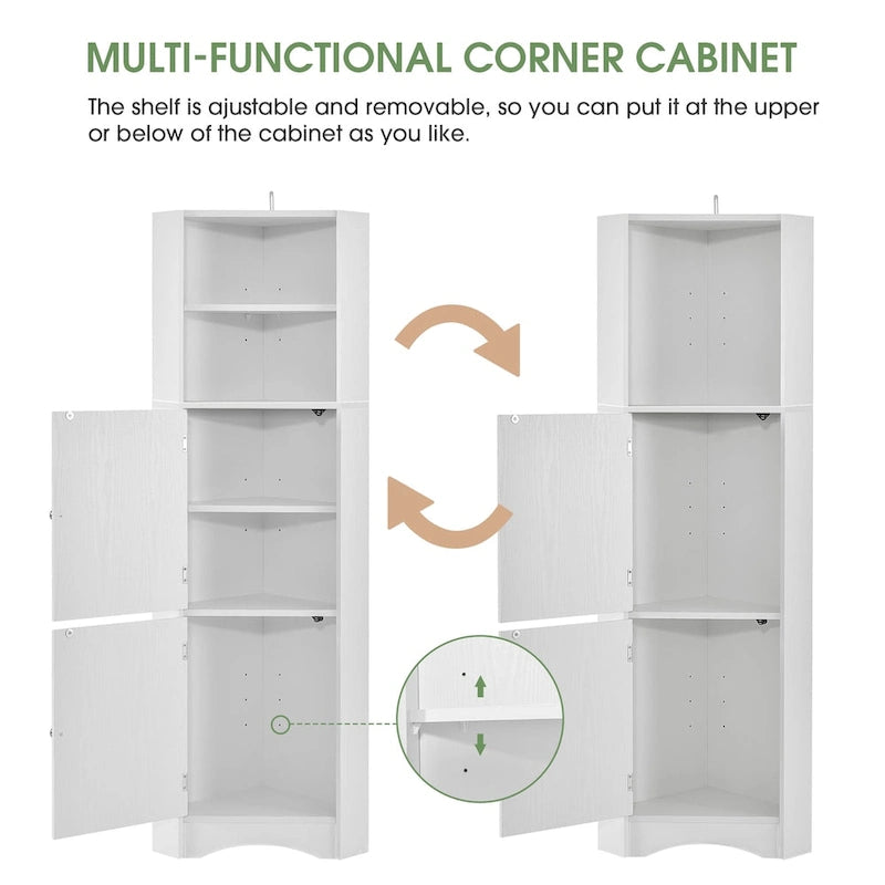 Tall Bathroom Corner Cabinet, Freestanding Storage Cabinet with Doors and Adjustable Shelves, MDF Board