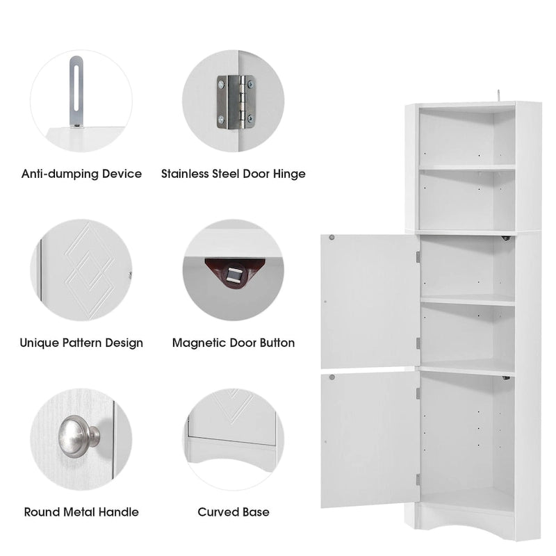 Tall Bathroom Corner Cabinet, Freestanding Storage Cabinet with Doors and Adjustable Shelves, MDF Board