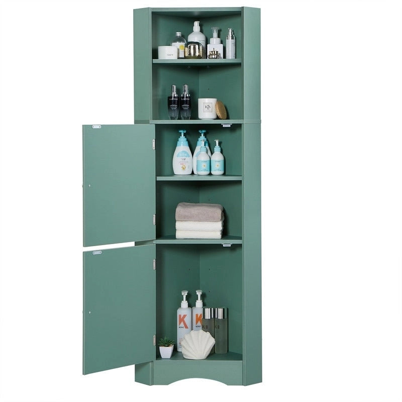 Tall Freestanding Bathroom Corner Cabinet with Doors and Adjustable Shelves