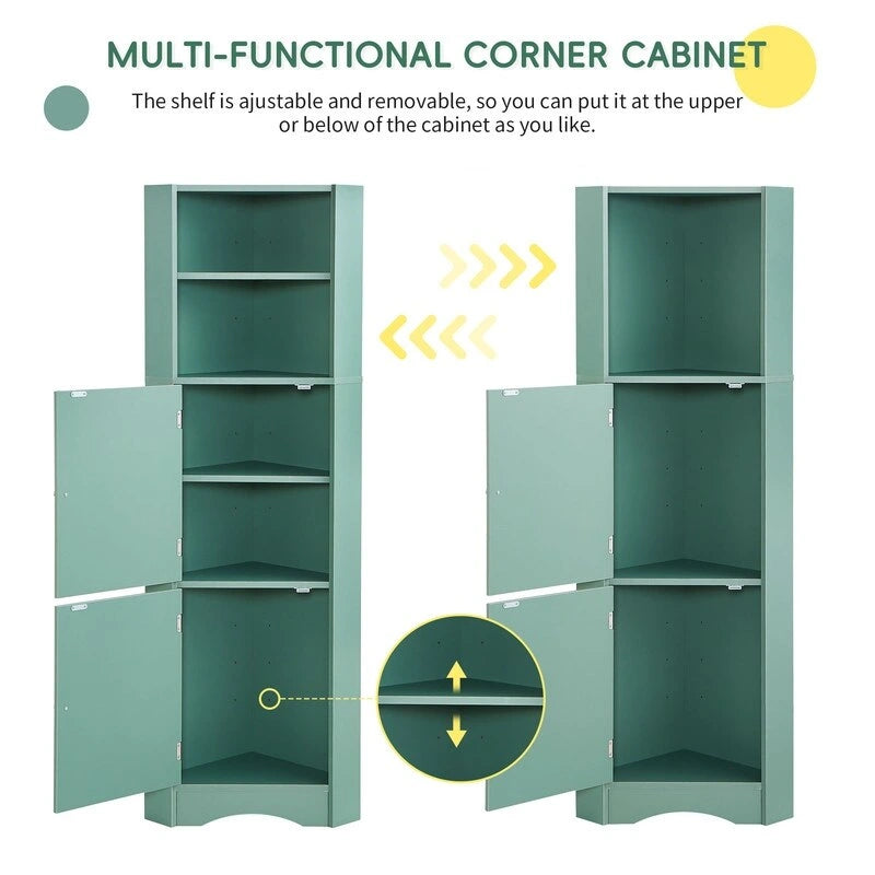 Tall Freestanding Bathroom Corner Cabinet with Doors and Adjustable Shelves