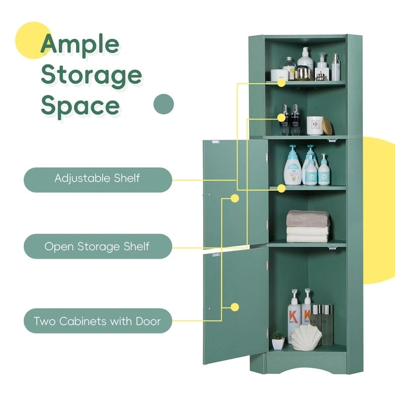Tall Freestanding Bathroom Corner Cabinet with Doors and Adjustable Shelves