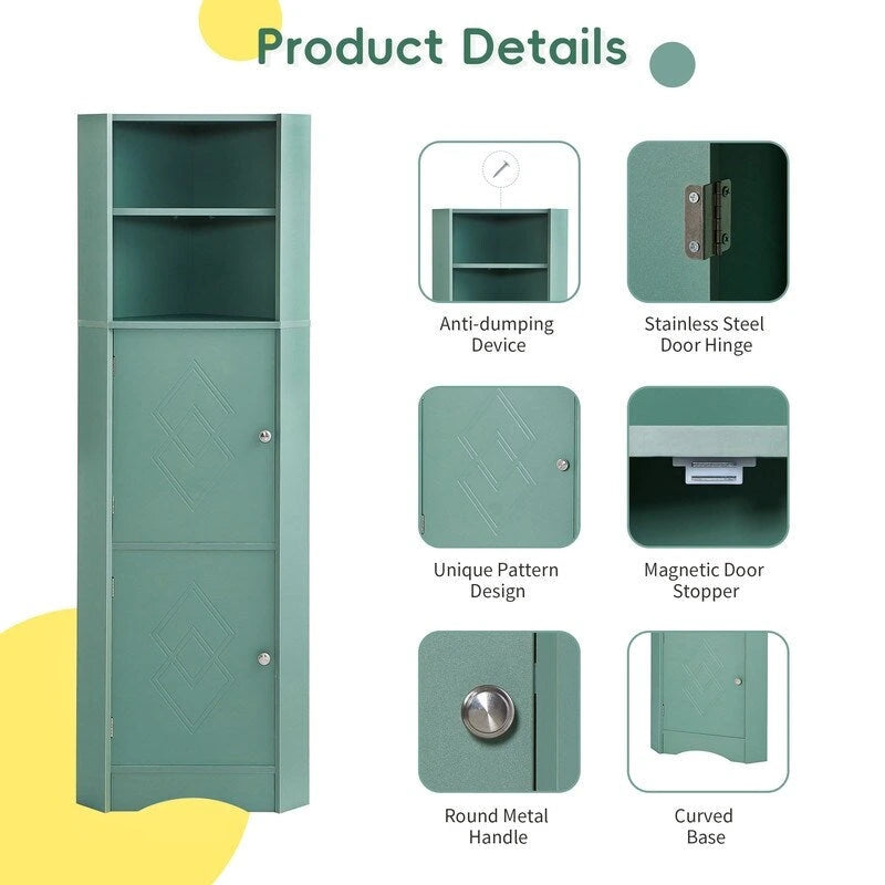 Tall Freestanding Bathroom Corner Cabinet with Doors and Adjustable Shelves