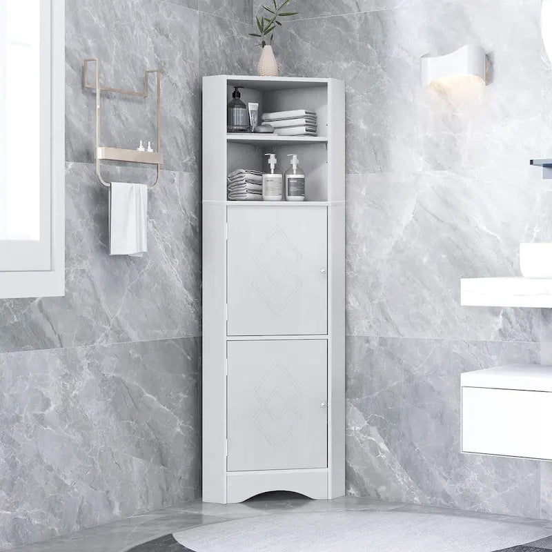 Tall Freestanding Bathroom Corner Cabinet with Doors and Adjustable Shelves