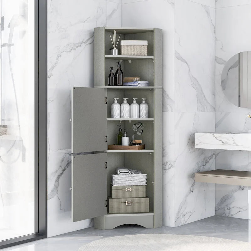 Tall Freestanding Bathroom Corner Cabinet with Doors and Adjustable Shelves