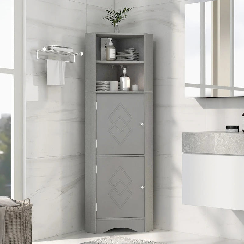 Tall Freestanding Bathroom Corner Cabinet with Doors and Adjustable Shelves