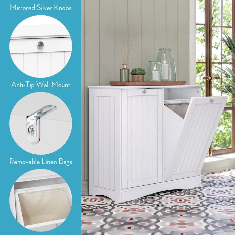RiverRidge Ashland Double Tilt-Out Laundry Hamper Cabinet with Removable Cloth Storage Bags - White